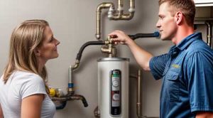 Plumber explains water heater inspection to customer.